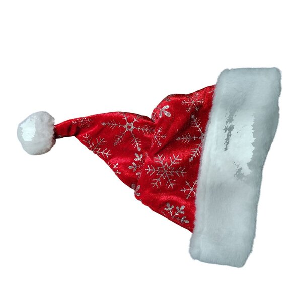 Merry Brite 17 inch Red Snowflake Santa Hat With White Faux Fur Trim and Pom-Pom - Picture 3 of 5